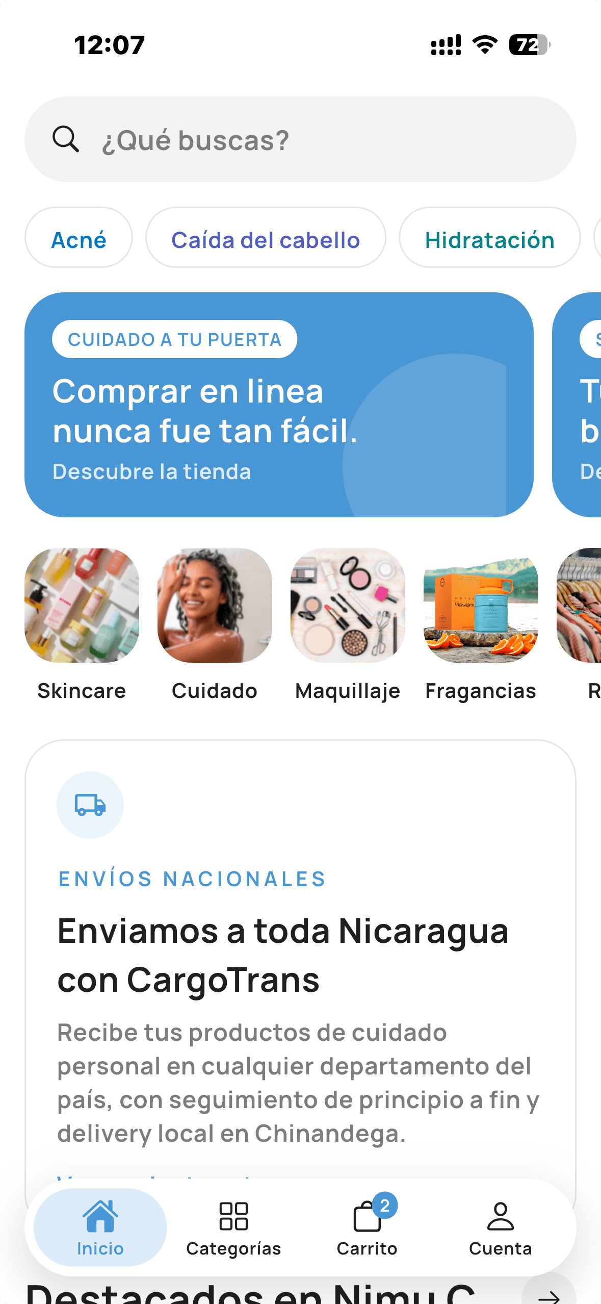 Captura real de Nimu Care, aplicación de marketplace desarrollada por FM Digital: buscador, categorías de productos y envíos a toda Nicaragua